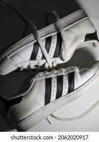 Jakarta - Indonesia, 22 October 2021: Original Adidas Sneakers Shoes With Shoelance On White Background