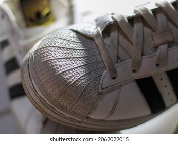 Jakarta - Indonesia, 22 October 2021: Original Adidas Sneakers Shoes With Shoelance. 
