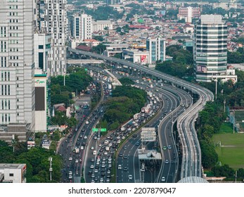 Jakarta Indonesia 28 September 2022 Aerial Photo Of The Long Congestion Of Jakarta From The Gatot Subroto Street And Jakarta Inner Toll Roads After Office Hour