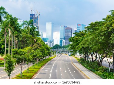 Jakarta, Indonesia - 3rd Apr 2020: Empty/deserted Sudirman street in Central Jakarta. Governement is urging people to work from home to reduce the spread of covid-19 pandemic.