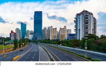 Jakarta, Indonesia - 3rd May 2020: Empty Or Deserted Jakarta Street In Times Of Covid 19 Pandemic. People Are Working From Home To Reduce The Spread Of Covid 19 Epidemic.