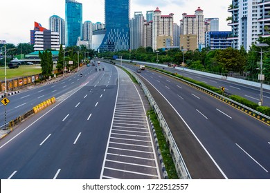 Jakarta, Indonesia - 3rd May 2020: Empty Or Deserted Jakarta Street In Times Of Covid 19 Pandemic. People Are Working From Home To Reduce The Spread Of Covid 19 Epidemic.