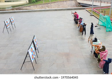 Jakarta, Indonesia 5 May 2021: Muslim Youth Community Playing Archery In The Courtyard Of The Istiqlal Mosque