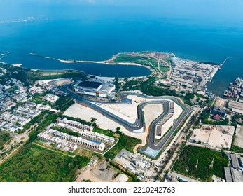 Jakarta Indonesia 5 October 2022 : Aerial Camera View Of The Electric Car Racing Circuit By Anies Baswedan Jakarta International E Prix Ancol