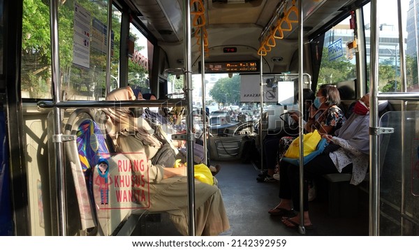 Jakarta, Indonesia - Apr, 4, 2022: Transjakarta is the\
first Bus Rapid Transit transportation system in Southeast and\
South Asia, operating since 2004 in Jakarta, Indonesia.            \
            