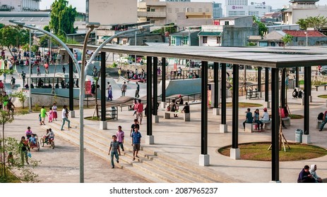 Jakarta, Indonesia - April 11, 2017: People Play And Hangout At Kalijodo Park, Jakarta.