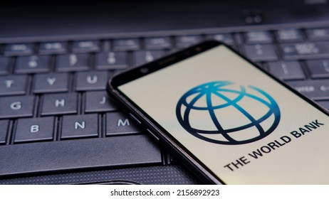 Jakarta, Indonesia - April 28, 2022: The World Bank Logo Display On Smartphone With Keyboard Background 