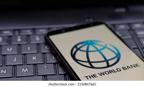 Jakarta, Indonesia - April 29, 2022: The World Bank Logo Display On Smartphone With Keyboard Background 