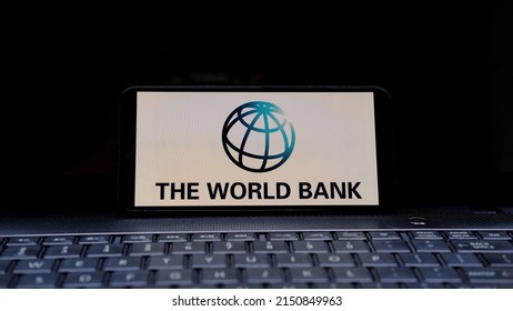 Jakarta, Indonesia - April 29, 2022: The World Bank Logo Display On Smartphone With Keyboard Background 