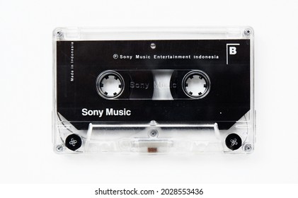 Jakarta - Indonesia, August 14, 2021: Sony Music Audio Cassete Isolated On White Background. 90s Music