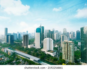 JAKARTA - Indonesia. August 15, 2022: Beautiful aerial view of high rise buildings in Jakarta city at morning time - Shutterstock ID 2192256861