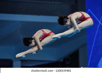 JAKARTA, INDONESIA - AUGUST 18, 2018 : China Diving Athlete Compete In Women's Synchronised 10m Platform Diving Final On The 2018 Asian Games In Jakarta.