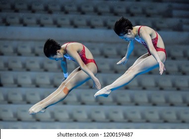 JAKARTA, INDONESIA - AUGUST 18, 2018 : China Diving Athlete Compete In Women's Synchronised 10m Platform Diving Final On The 2018 Asian Games In Jakarta.