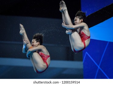 JAKARTA, INDONESIA - AUGUST 18, 2018 : China Diving Athlete Compete In Women's Synchronised 10m Platform Diving Final On The 2018 Asian Games In Jakarta.