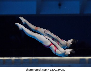 JAKARTA, INDONESIA - AUGUST 18, 2018 : China Diving Athlete Compete In Women's Synchronised 10m Platform Diving Final On The 2018 Asian Games In Jakarta.