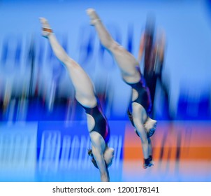 JAKARTA, INDONESIA - AUGUST 18, 2018 : Malaysia Diving Athlete Compete In Women's Synchronised 10m Platform Diving Final On The 2018 Asian Games In Jakarta.