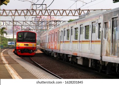 Jakarta, Indonesia, August 18, 2018, A Commuter Line Train Or KRL Arrived In Gambir Railway Station