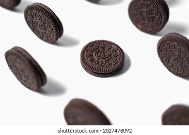 Jakarta, Indonesia - August 19, 2021: this is a photo of Oreo biscuits photographed with a pattern concept and with a white background.