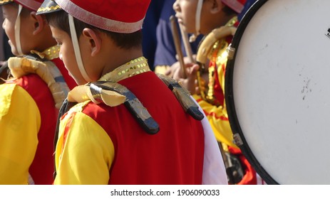 Jakarta, Indonesia - August 21, 2020: An Elementary School Marching Band Performing At Indonesia's Independence Celebrations.