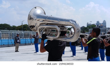 Jakarta, Indonesia - August 26,2022: Marching Band Members Practice Playing The Trombone Before The Performance