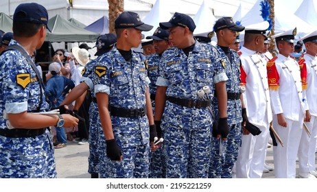 Jakarta, Indonesia - August 29, 2022: Indonesian Vocational School Students Wearing Military Uniforms For Performing Marching Band 