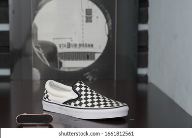 Jakarta / Indonesia - Ca 2019: Vans Slip-on Checkerboard Shoes Series Products.