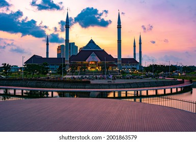 Jakarta, Indonesia - CIRCA Apr 2021: The exterior of Hasyim Asyari Grand Mosque in West Jakarta, Indonesia; with beautiful sunset sky.
