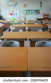 Jakarta, Indonesia - Dec 12, 2021: An Empty Elementary Classroom, Prepared For Offline Learning After The Covid-19 Outbreak Under Control.