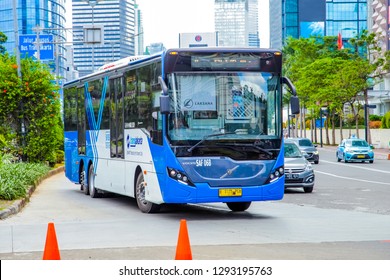 Jakarta / Indonesia - Dec 29, 2018: Indonesian Transjakarta Bus (Public Tranportation Busway) On Sudirman Street