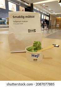 Jakarta Indonesia. December 7, 2021: Food Packaging At The IKEA Food Center Jakarta And A Cup Of Green Ice Cream