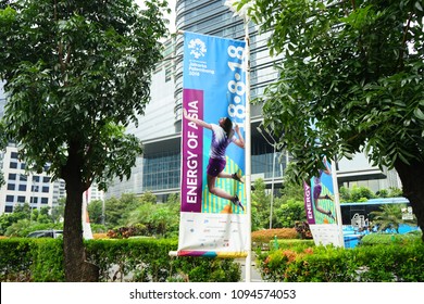 
Jakarta, Indonesia - Feb 28, 2018 : Sudirman Street With Asian Games 2018 Banners