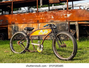 Jakarta, Indonesia - February 19, 2021 : Low Rider Custom Bike With Big Tires.