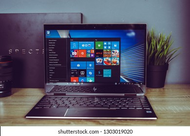 Jakarta, Indonesia - February 3, 2019: HP Spectre X360 13 Convertible Laptop Has A  A 13.3-inch Full HD Display And Island Style Keyboard. 