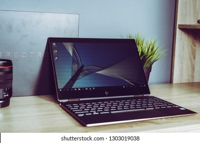 Jakarta, Indonesia - February 3, 2019: HP Spectre X360 13 Convertible Laptop Has A  A 13.3-inch Full HD Display And Island Style Keyboard. 