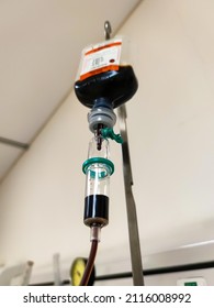 Jakarta, Indonesia - Jan 2022: Close Up Of IV Plastic Bag With Drip Chamber In Recovery Room At Intensive Care Unit Of Hospital With Bokeh Background. No People.