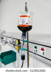 Jakarta, Indonesia - Jan 2022: Close Up Of IV Plastic Bag With Drip Chamber In Recovery Room At Intensive Care Unit Of Hospital With Bokeh Background. No People.