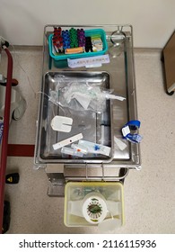 Jakarta, Indonesia - Jan 2022: Stainless Steel Trolley In Emergency Room At Hospital Contains Blood Sample Vial And Syringe And Medical Equipment. No People.