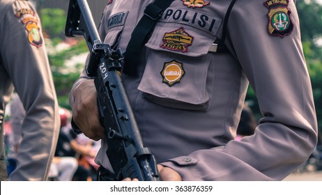 Jakarta, Indonesia - January 17, 2016: Armed Police Confront A Terror Bomb On Thamrin Street, Jakarta.