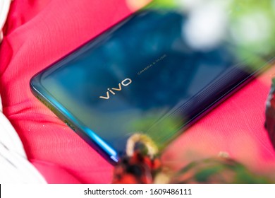 Jakarta, Indonesia - January 9, 2020: The back of Vivo S1 Pro Android smartphone in Fancy Sky colour, it also has a quad camera setup. - Shutterstock ID 1609486111