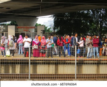 JAKARTA, INDONESIA - July 16, 2017: Crowd Of People Waiting For The Train At Tanah Abang Station.