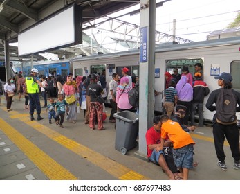 JAKARTA, INDONESIA - July 16, 2017: Crowd Of People At Tanah Abang Station.