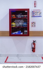 Jakarta, Indonesia, July 22, 2022 : Red Emergency Box Template. Building Safety Box, Storage For Rescue Equipment And Emergency Alarm, First Aid Hazard Warning 