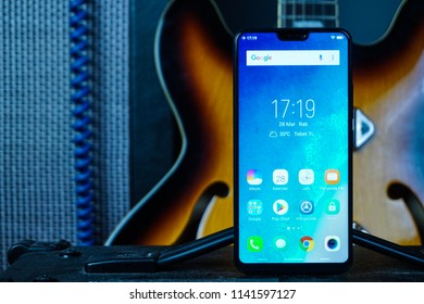 Jakarta, Indonesia - July 25, 2018: The notch on Vivo V9 is much shorter and has the selfie sensor and speaker.