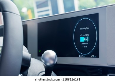 JAKARTA - Indonesia. July 25, 2022: Electric Vehicle Dashboard Showing Charge Level