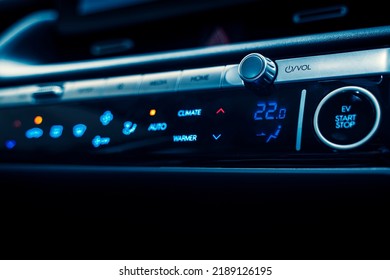 JAKARTA - Indonesia. July 25, 2022: Close Up Of Electric Car Dashboard With Engine Start Stop Button