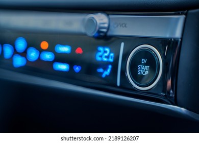 JAKARTA - Indonesia. July 25, 2022: Close Up Of Engine Start Stop Button In Electric Car