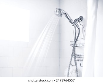 JAKARTA, INDONESIA - July 25, 2024: Water pours from a showerhead in a bright, white-tiled modern bathroom with metal trim and fixtures in Jakarta, Indonesia on July 25, 2024. - Powered by Shutterstock