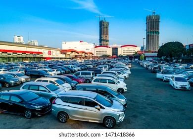 Jakarta / Indonesia - July 26, 2019: Aerial View Of Jakarta International Expo Exterior, With Full Of Vehicles In The Parking Lots 