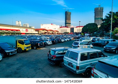 Jakarta / Indonesia - July 26, 2019: Aerial View Of Jakarta International Expo Exterior, With Full Of Vehicles In The Parking Lots 