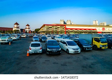 Jakarta / Indonesia - July 26, 2019: Aerial View Of Jakarta International Expo Exterior, With Full Of Vehicles In The Parking Lots 